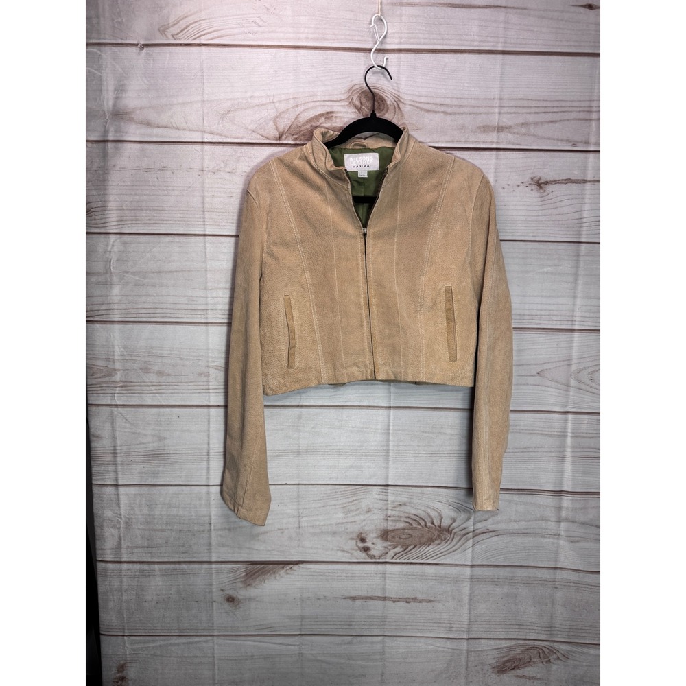 Wilsons Leather Maxima Tan Suede‎ Cropped Jacket Mock Neck Vintage Tan Large